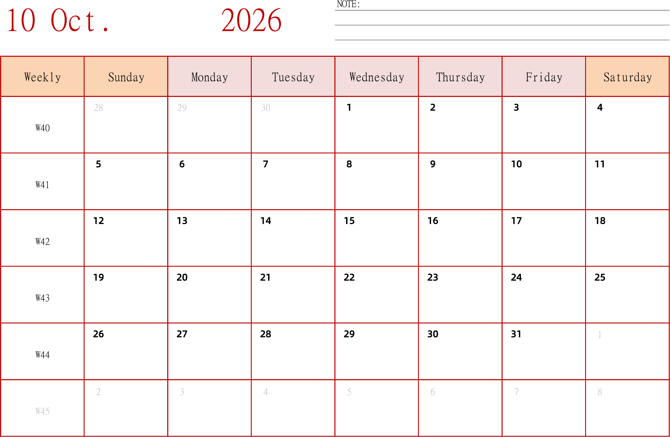 日历表2026年日历 英文版 横向排版 周日开始 带周数